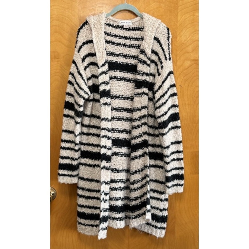 Knox Rose Womens Hooded Open Front‎ Fuzzy Cardigan Sweater Striped Sz L